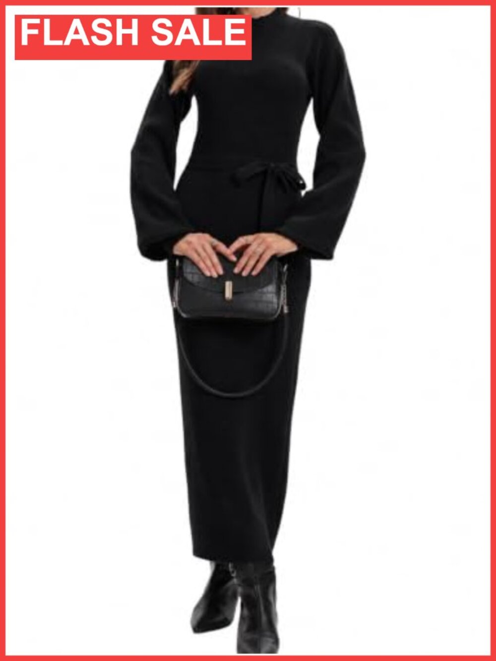 Women's Maxi Sweater Dress Long Lantern Sleeve Mock Neck Knit Bodycon